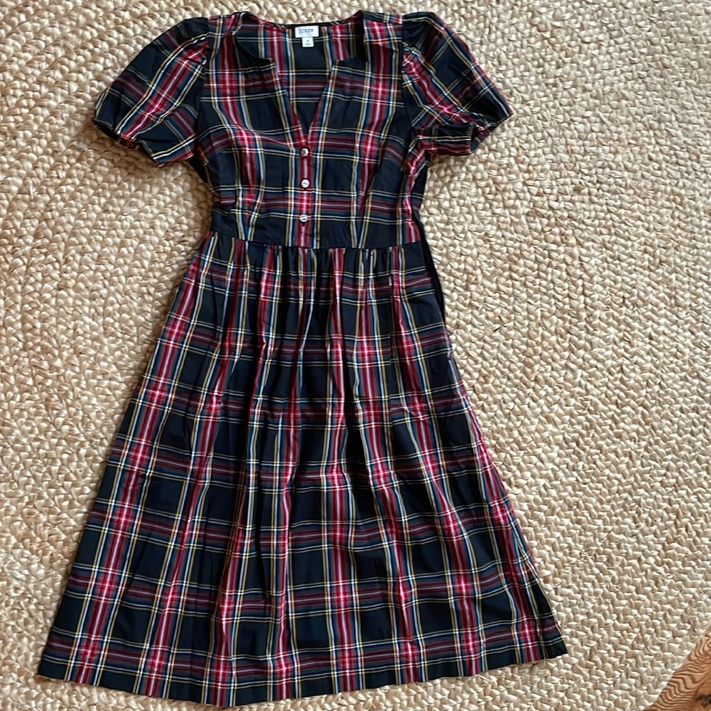 J.Crew Factory Puff Sleeve Jewel Button Tartan Dresss